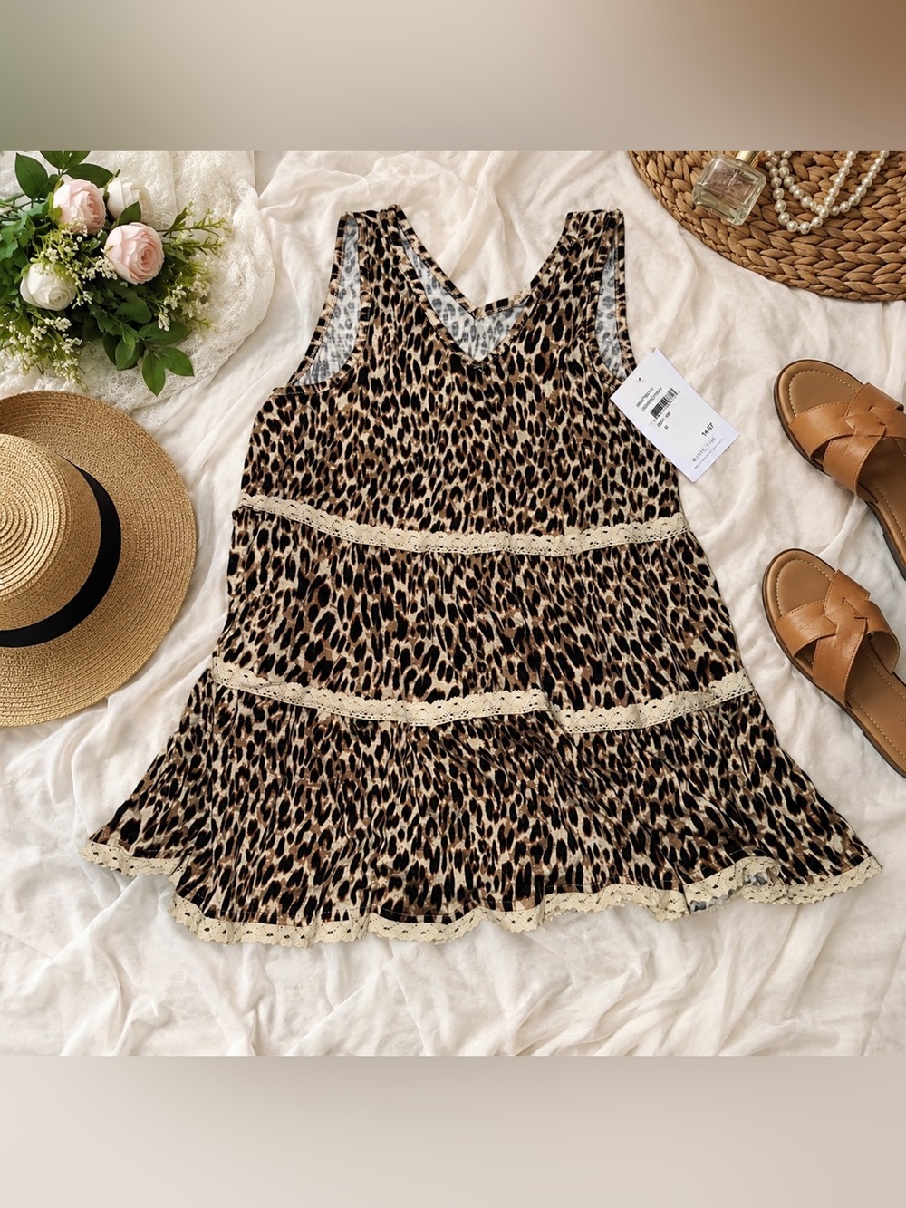 NWT.  Love, Fire Leopard Print Tiered Tank Top.